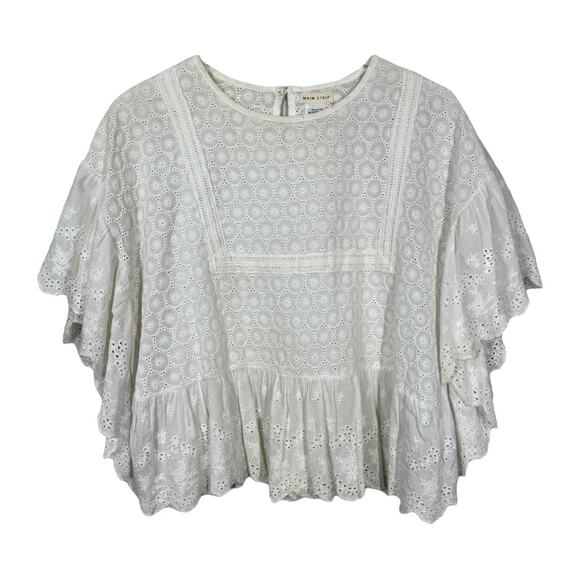 Main Strip White Eyelet Ruffle Cottage Boho Blouse Small Top Romantic Dainty - Picture 1 of 6